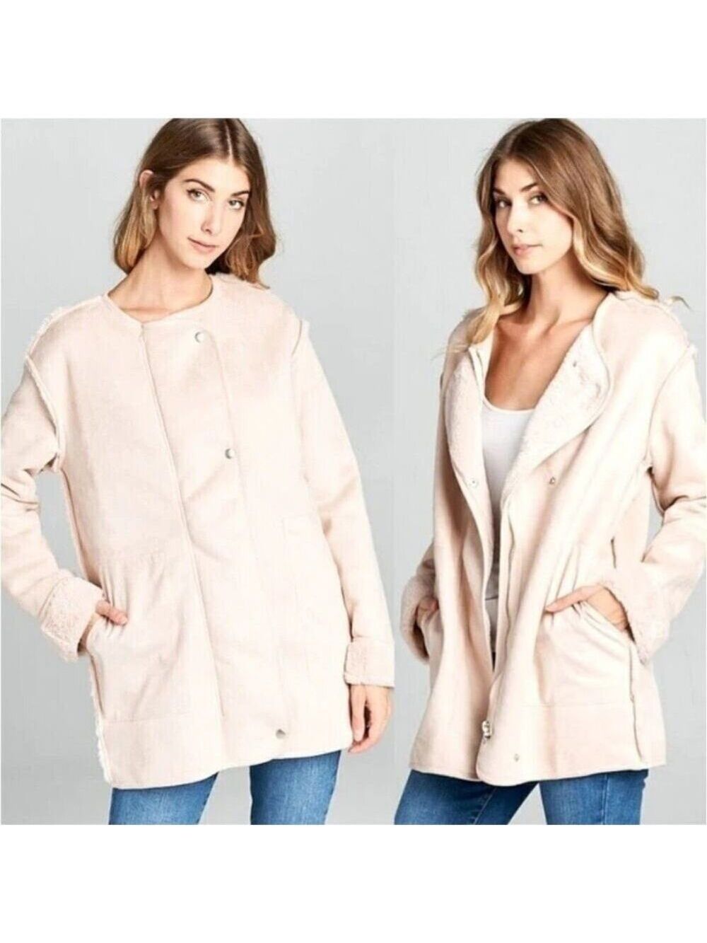Ellison ELLA Faux Suede Fur lined Double Breasted Zip Coat Pink Size Large